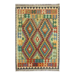 Tapete oriental artesanal com padrão geométrico vibrante e cores vivas.