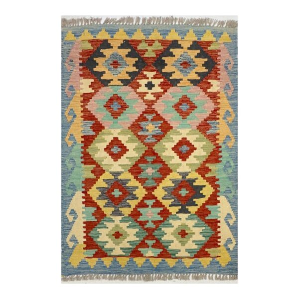 Tapete tribal colorido com design geométrico e simétrico, ideal para decoração de interiores.