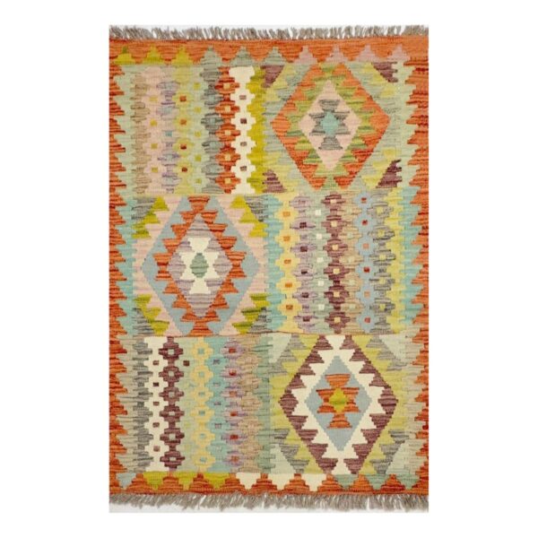 Tapete vibrante com padrão geométrico e cores harmoniosas em estilo tribal moderno.