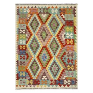 Tapete tribal com padrão geométrico e cores vibrantes.