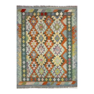 Tapete Kilim colorido com intrincado design geométrico e borda contrastante.