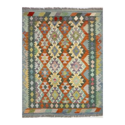 Tapete Kilim colorido com intrincado design geométrico e borda contrastante.