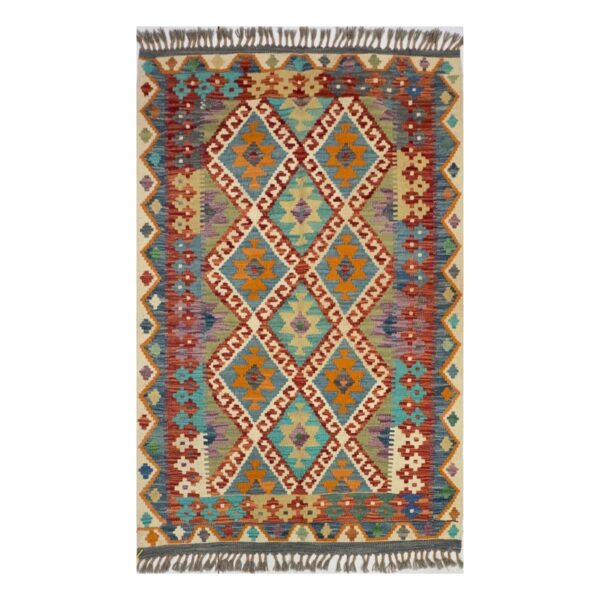 Tapete Kilim vibrante e artesanal com padrões geométricos coloridos.