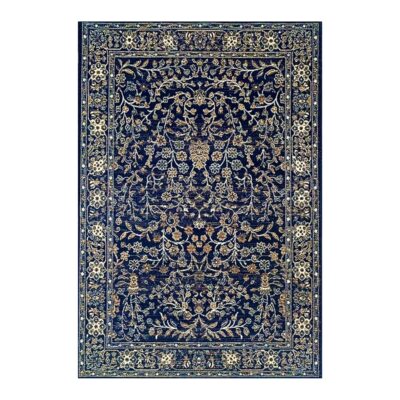 Tapete persa luxuoso em azul marinho com padrões florais intricados e detalhes em dourado.