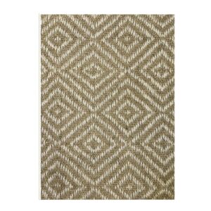 Tapete de sisal tecido à mão com detalhes geométricos em tons de marrom e bege.