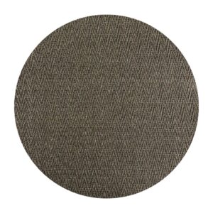 Amostra circular de tecido marrom com padrão de espinha de peixe para decoração de interiores.