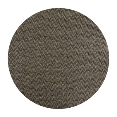 Amostra circular de tecido marrom com padrão de espinha de peixe para decoração de interiores.