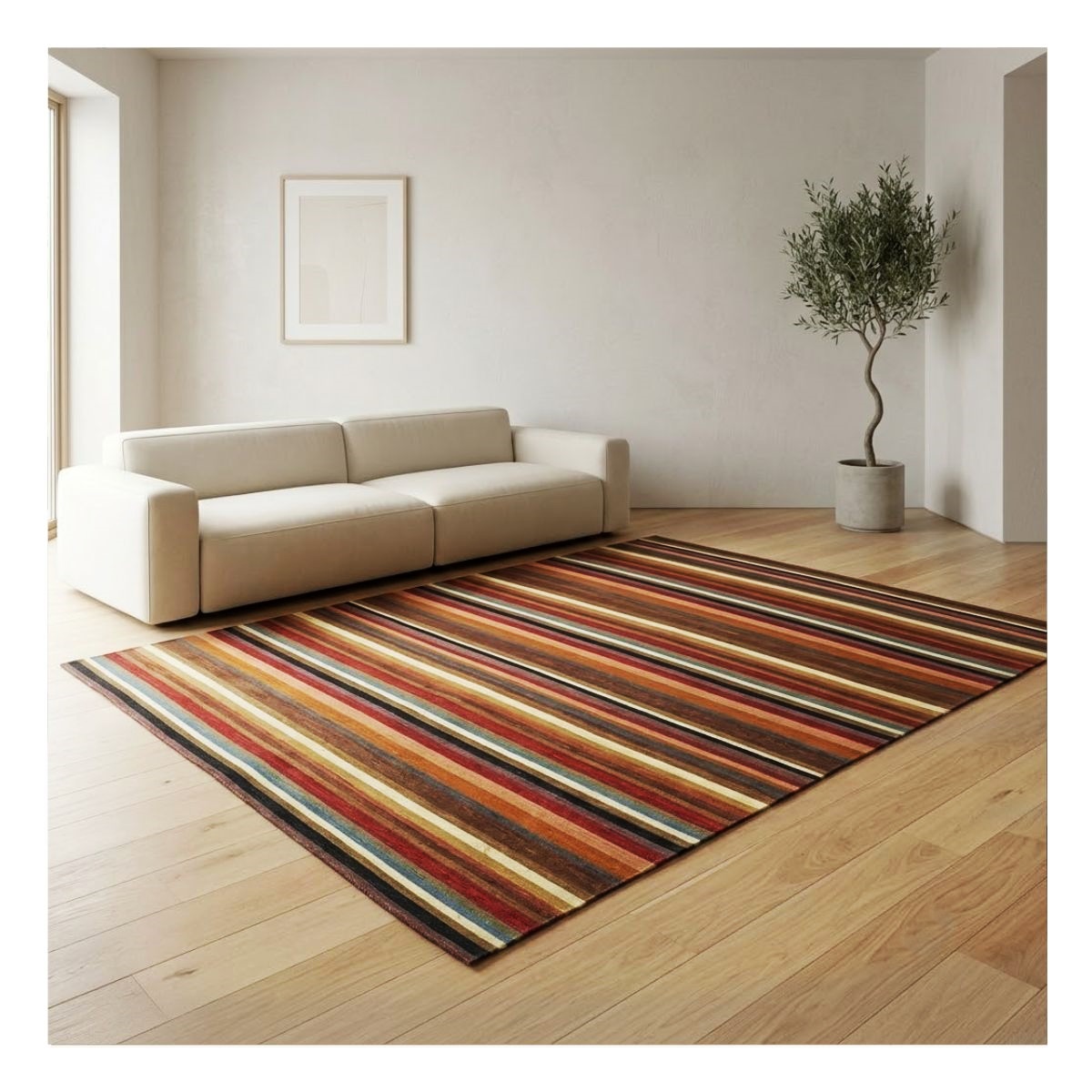 Tapete listrado multicolorido em tons terrosos com design contemporâneo.